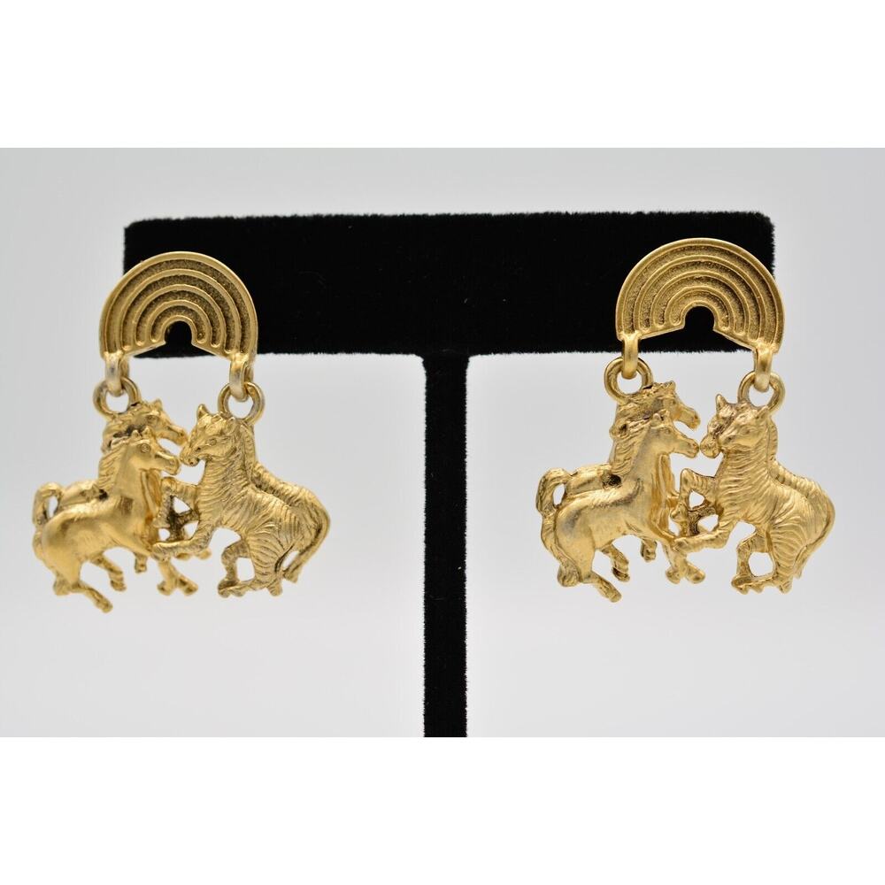 Vittorio Vintage Horse Zebra Rainbow Earrings Signed Gold Dangle NOS 1980s A21